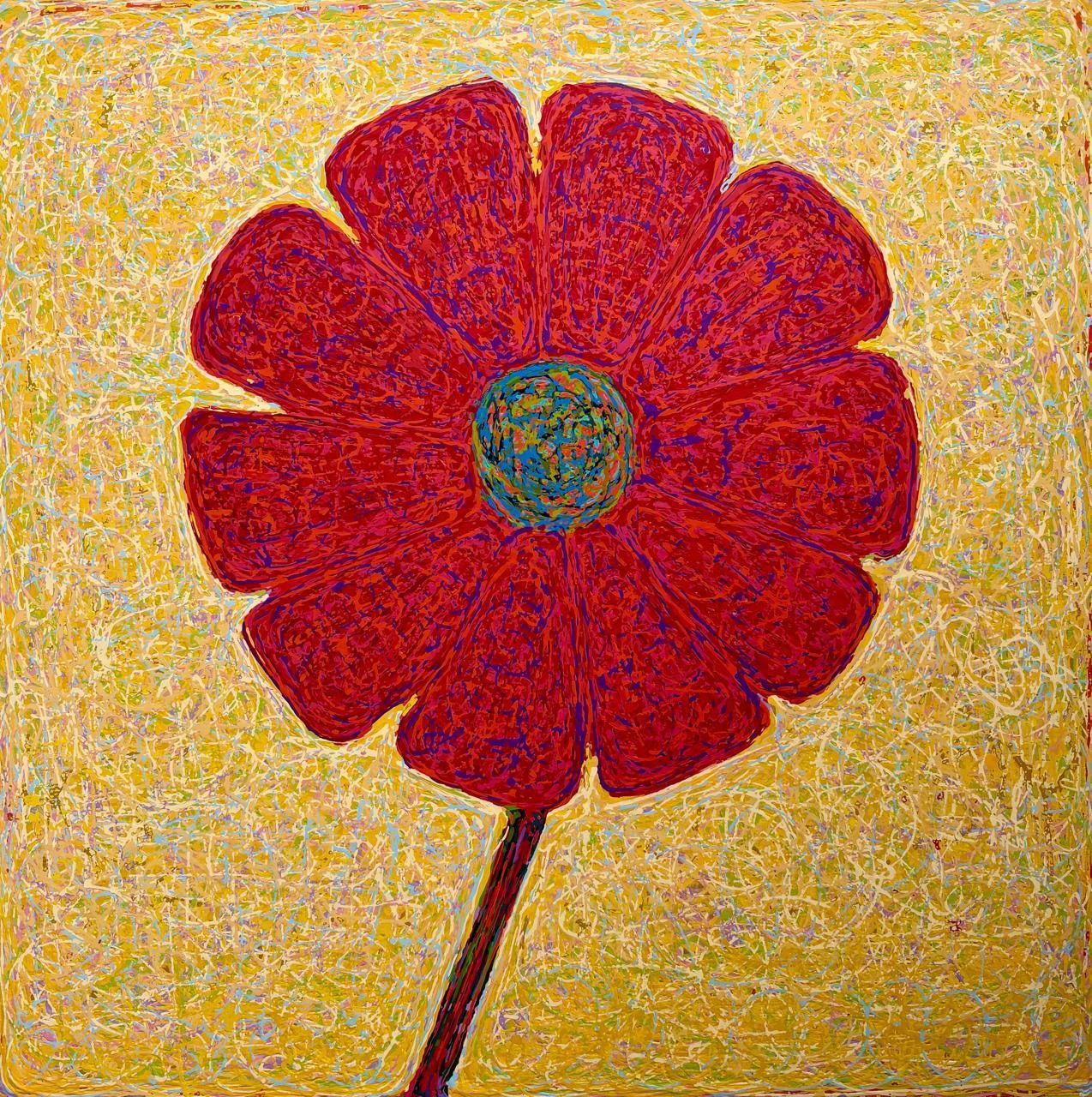 Flor sobre fondo amarillo, obra de Kindi Llajtu